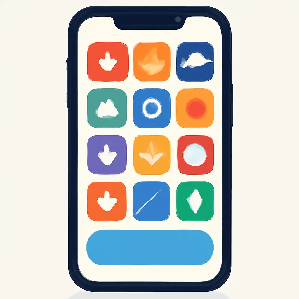 Smartphone shown from the front displaying a colourful flat layout of abstract game icons and rounded tiles (no text, no letters, no labels), 55 Club