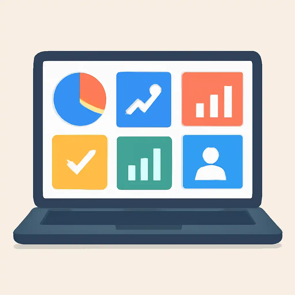 Laptop shown from the front displaying a colourful flat dashboard of abstract charts, bars and icon tiles (no text, no letters, no labels), 55 Club