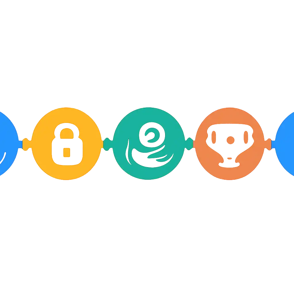 Five numbered circular icons connected by arrows in a horizontal flow, flat illustration, icons only, no words, 55 Club steps