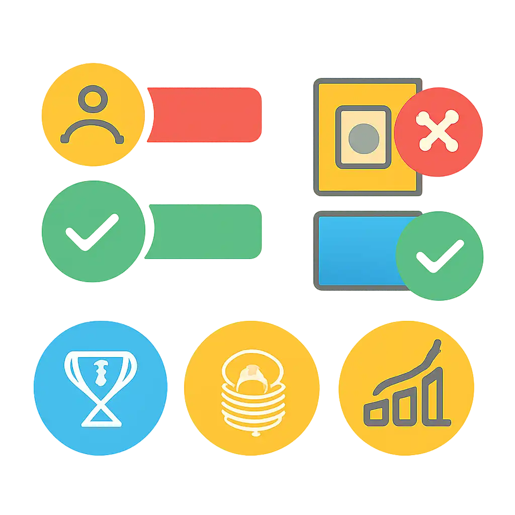 Infographic comparing options using coloured bars and icons only, no text or labels, flat design, 55 Club
